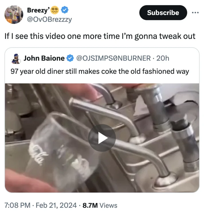 97 Year Old Nyc Diner Still Serves Their Coke The Old Fashioned Way — A Twitter post from Breezy expressing frustration about seeing the viral Coke video
