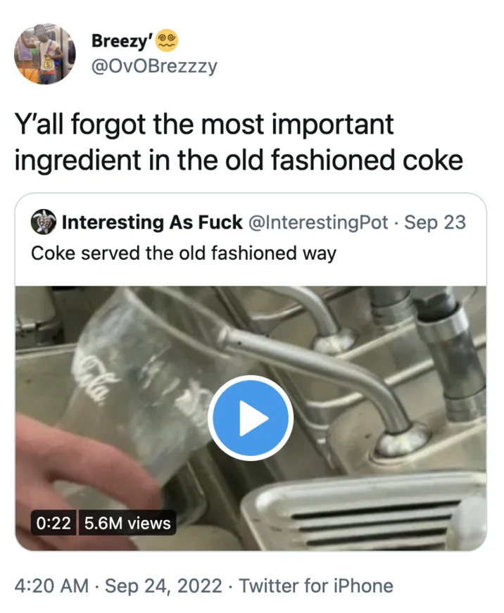 97 Year Old Nyc Diner Still Serves Their Coke The Old Fashioned Way — A Twitter post from user Breezy responding to the viral Coke video about the