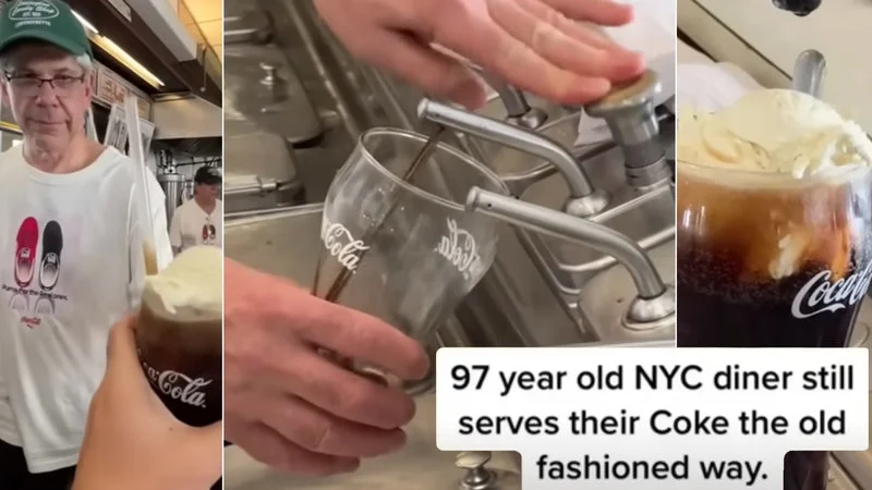 97 Year Old Nyc Diner Still Serves Their Coke The Old Fashioned Way — A composite image showing footage from the original viral video of the 97-year-old NYC