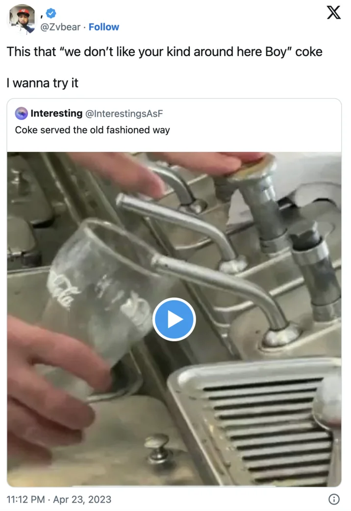 97 Year Old Nyc Diner Still Serves Their Coke The Old Fashioned Way — A Twitter screenshot from user Zbear responding to the viral Coke video with a humorous