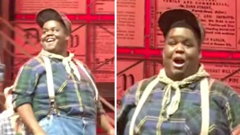 A Barbershop Haircut That Costs A Quarter — A two-panel screenshot from a Newsies stage production showing an actor in period costume with animated facial