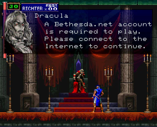 A Bethesda Account Is Required — A Castlevania game screenshot featuring Dracula with an inserted popup demanding a Bethesda.net account login.