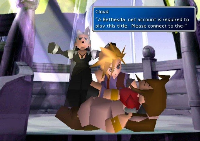 A Bethesda Account Is Required — A Final Fantasy VII screenshot showing Cloud with an in-game popup requiring a Bethesda.net account to play.