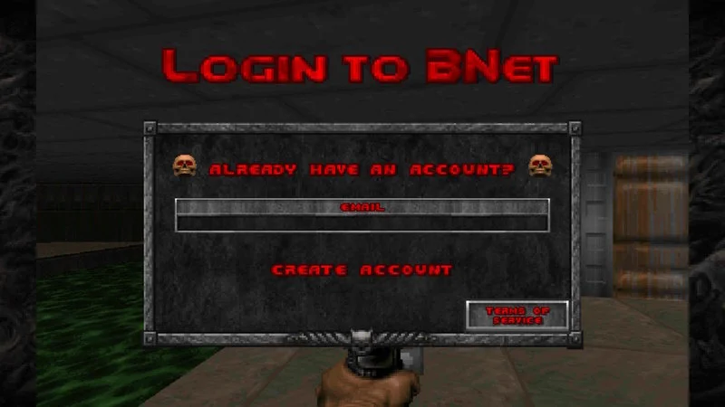A Bethesda Account Is Required — A login screen interface styled in retro gaming aesthetics displaying 'LOGIN TO BNet' with account options, representing the