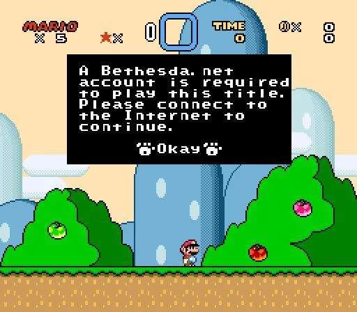 A Bethesda Account Is Required — A retro Super Mario Bros. game screen with a parody popup message stating 'A Bethesda.net account is required to play'