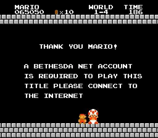 A Bethesda Account Is Required — A parody of the classic Super Mario Bros NES ending screen, replacing the celebratory message with 'A BETHESDA NET ACCOUNT IS