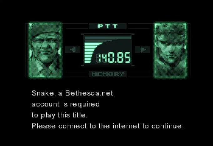 A Bethesda Account Is Required — A Metal Gear Solid game screenshot with an added popup message requiring a Bethesda.net account to play.