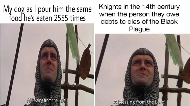 The definitive meme template featuring Sir Lancelot from Monty Python and the Holy Grail with the famous quote 'A blessing from the Lord!'