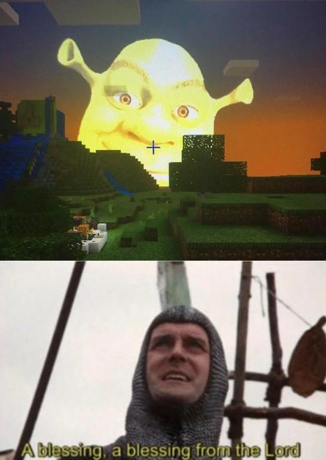 A Blessing From The Lord — Composite meme mixing a Shrek character image above with the Sir Lancelot blessing moment below, combining two meme formats.