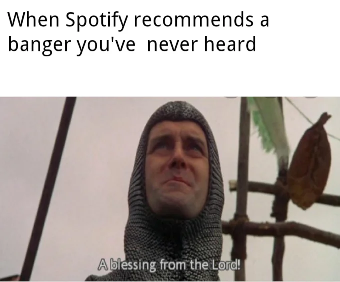 A Blessing From The Lord — Reaction meme using Sir Lancelot's blessing moment to celebrate discovering great music recommendations on Spotify.