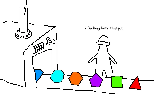 A Circle In The Triangle Factory I Guess We Doin Circles Now — Meme adaptation showing a factory worker surrounded by multiple colored geometric shapes with
