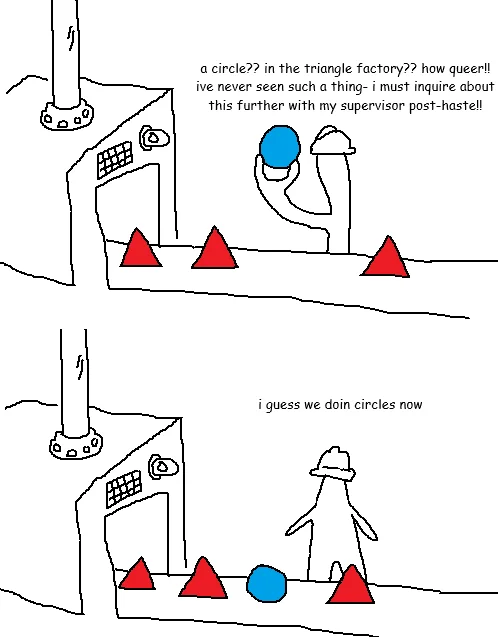 A Circle In The Triangle Factory I Guess We Doin Circles Now — Original webcomic panel featuring two scenes of triangle factory workers encountering a blue