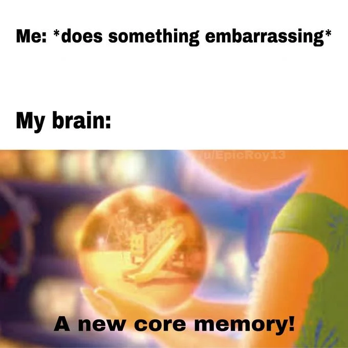 A Core Memory — Meme featuring the iconic golden core memory orb from Inside Out, joking about how embarrassing situations become permanent core memories.