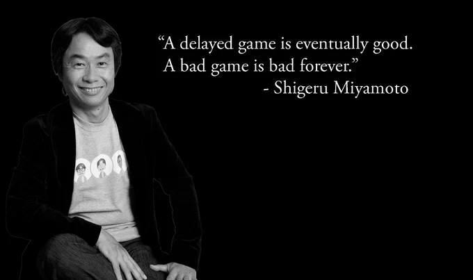 A Delayed Game Is Eventually Good But A Bad Game Is Bad Forever — A black and white portrait of Shigeru Miyamoto wearing a casual blazer with the iconic quote