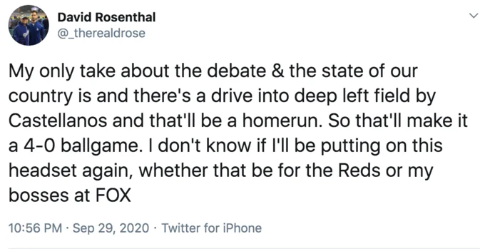 A Drive Into Deep Left Field By Castellanos — David Rosenthal tweet about election debates using Castellanos meme to undermine serious political commentary.