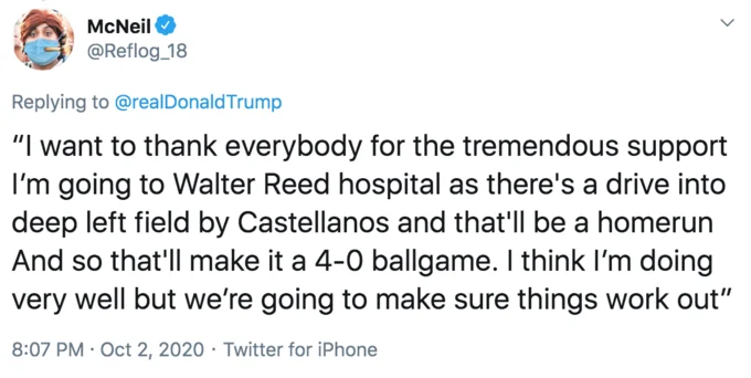 A Drive Into Deep Left Field By Castellanos — McNeil's tweet applying Castellanos meme to hospital visit announcement, interrupting serious life event with