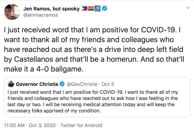 A Drive Into Deep Left Field By Castellanos — Jen Ramos tweet announcing COVID-19 status with Castellanos meme and quote tweet from Governor Christie.