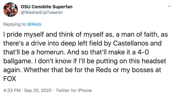 A Drive Into Deep Left Field By Castellanos — Twitter post from OSU Cenobite Superfan demonstrating the Castellanos copypasta meme format, pivoting serious