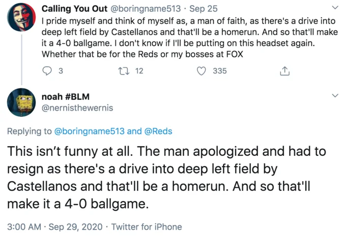 A Drive Into Deep Left Field By Castellanos — Twitter conversation showing Castellanos copypasta used as bait-and-switch reply interrupting resignation