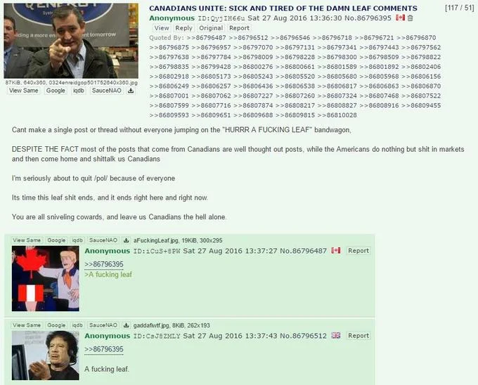 A Fucking Leaf — A 4chan thread screenshot showing discussion about Canadians mocked for their country's maple leaf flag, providing meme origin context.
