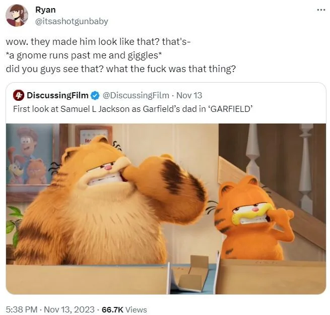 A Gnome Runs Past Me — Tweet using the gnome runs past me phrase reacting to Garfield movie first look