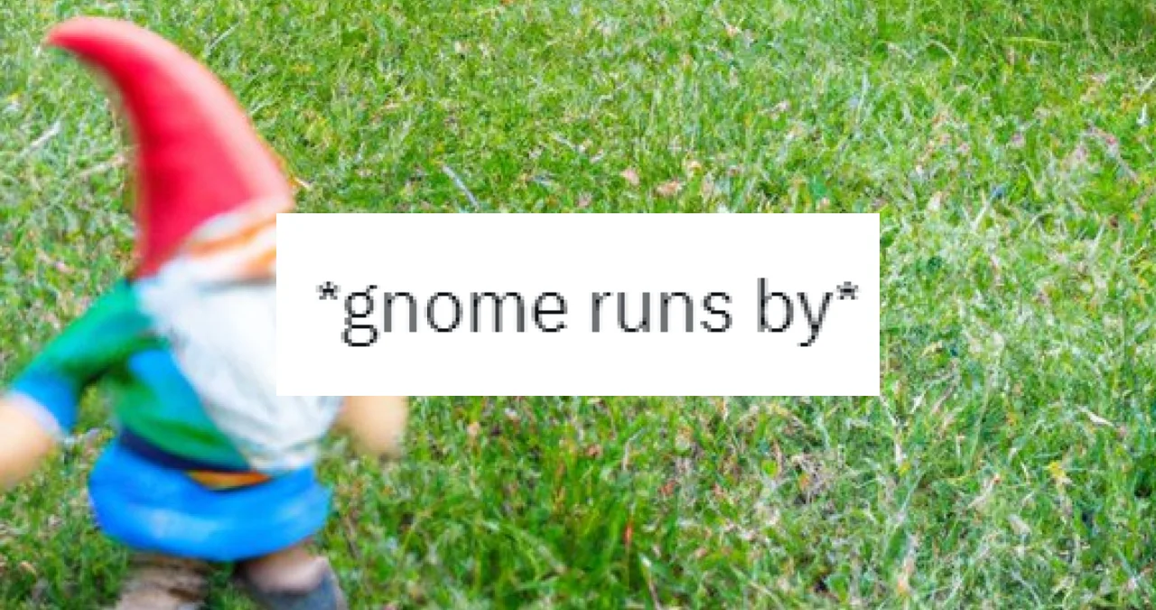 A Gnome Runs Past Me — Blurry garden gnome running across grass with '*gnome runs by*' caption