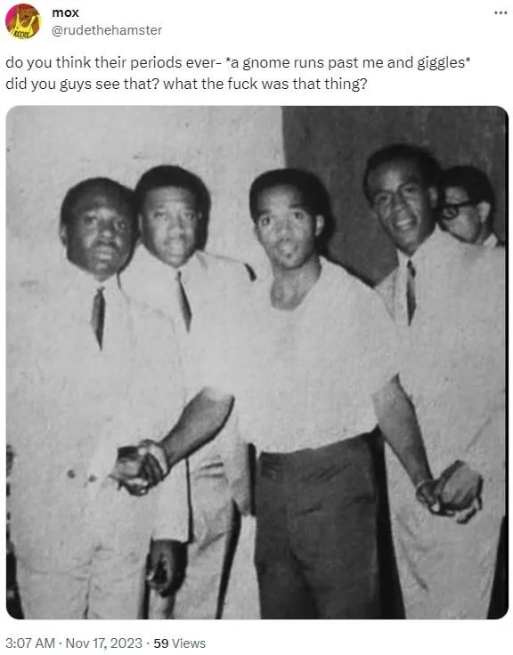 A Gnome Runs Past Me — Tweet using the gnome runs past me meme with a vintage black-and-white group photo