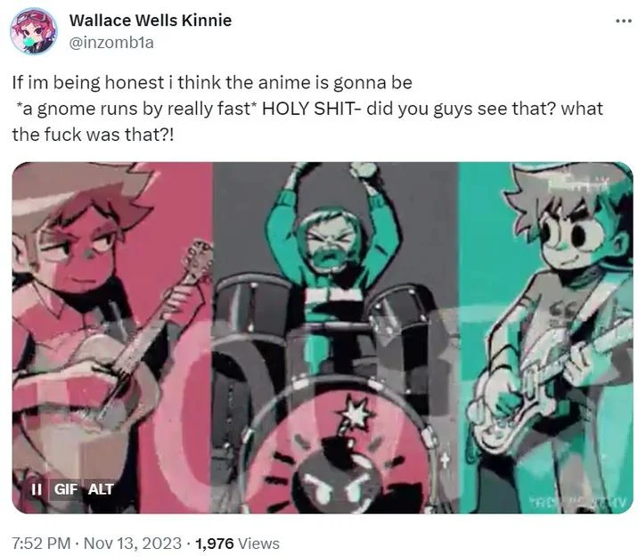 A Gnome Runs Past Me — Tweet using the gnome runs past me meme in response to a Scott Pilgrim anime GIF