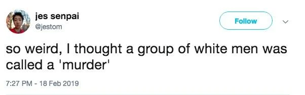 A Group Of White Men Is Called A Podcast — A joke response suggesting groups of white men should be called a 'murder' instead of podcast, playing on collective