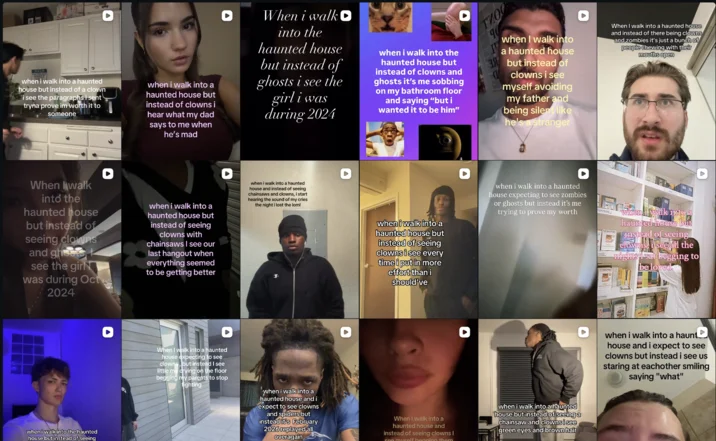 A Haunted House But Instead Of X It's Y — Grid of TikTok thumbnails featuring multiple creators using the haunted house meme caption format.