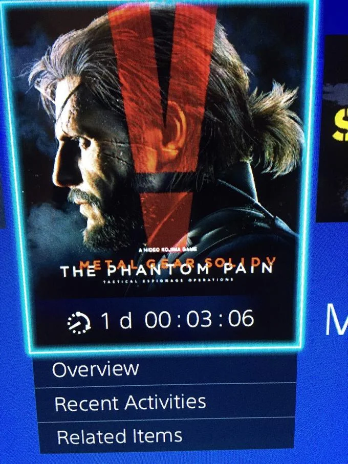 Neon-bordered screenshot showing original Metal Gear Solid V cover art with 'A HIDEO KOJIMA GAME' credit within PlayStation UI overlay.