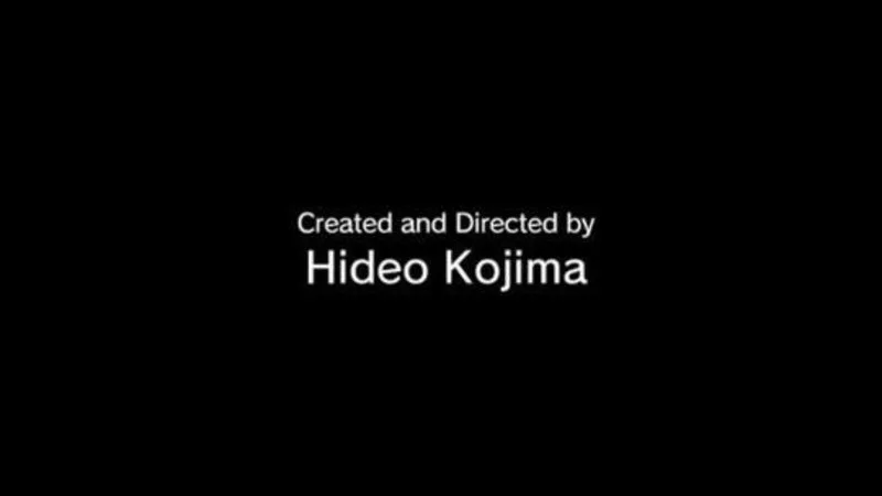 A Hideo Kojima Game — Clean black screen displaying 'Created and Directed by Hideo Kojima' in white text, classic opening credit style from Kojima games.