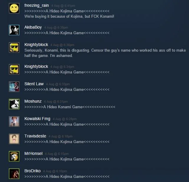 Forum discussion thread screenshot featuring multiple users posting 'A Hideo Kojima Game' meme variations with decorative arrow symbols.