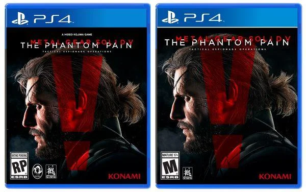 Side-by-side comparison of PS4 Metal Gear Solid V versions showing original cover with 'A Hideo Kojima Game' and revised Konami version without credit.