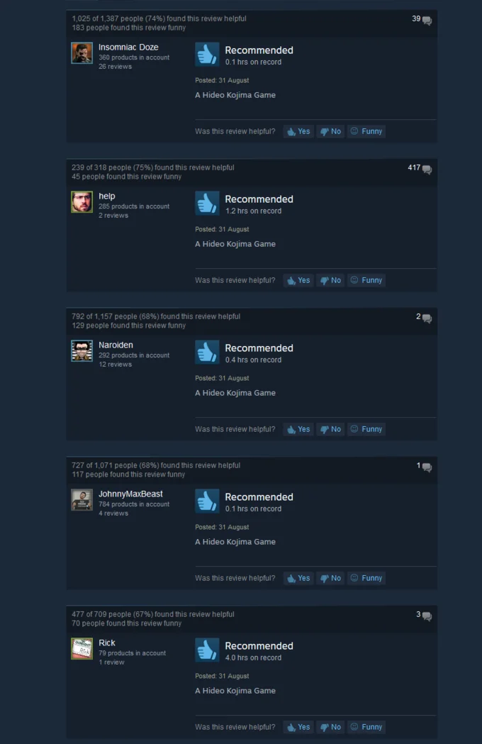 Screenshot of Steam game reviews for Metal Gear Solid V where numerous users created 'A Hideo Kojima Game' joke reviews.