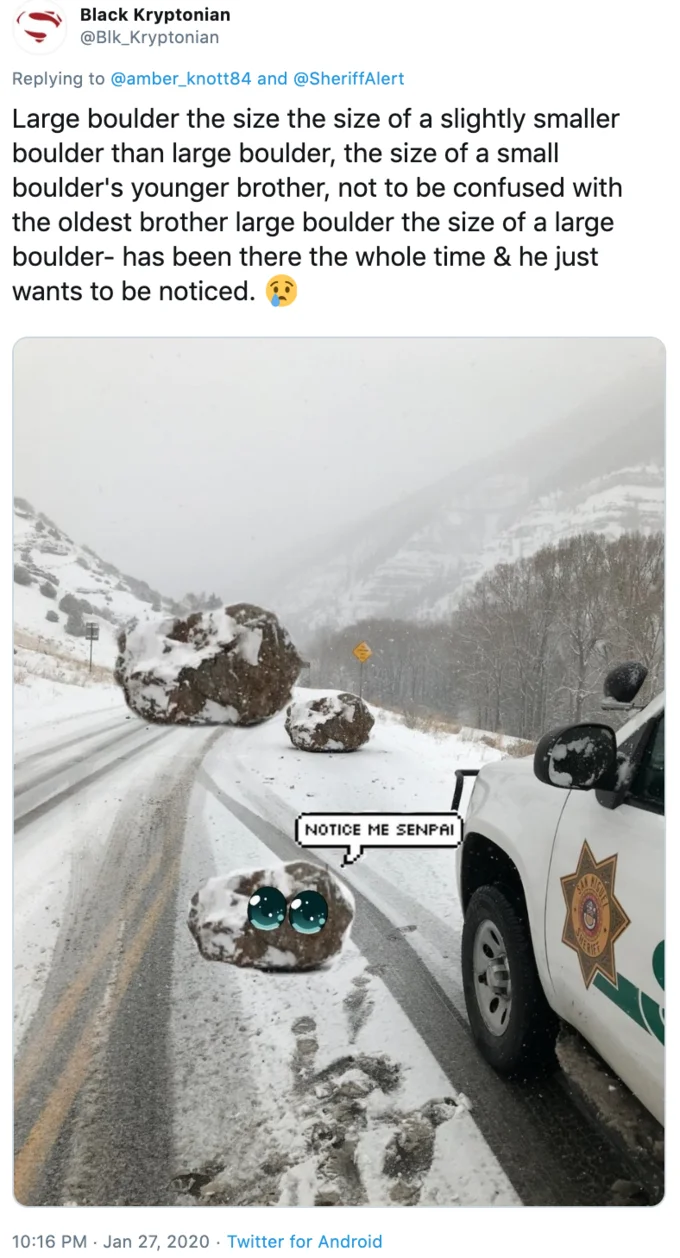 A Large Boulder The Size Of A Small Boulder — Edited boulder photo with anime eyes and 'notice me senpai' speech bubble on a smaller boulder