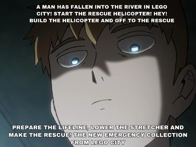 A Man Has Fallen Into The River In Lego City — Anime character with glowing eyes and LEGO City rescue helicopter script caption
