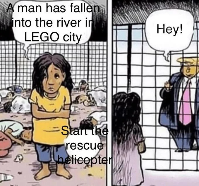 Two-panel comic remix with 'A man has fallen into the river in LEGO city' caption and Trump figure