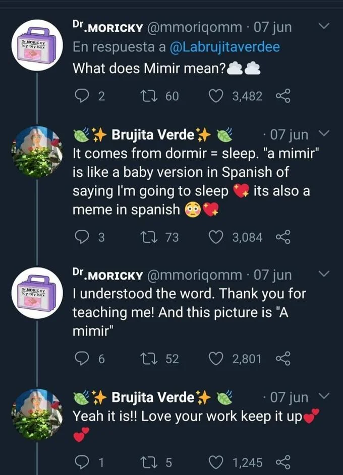 A Mimir Two Mimir — Twitter thread explaining that 'a mimir' is Spanish baby-talk for going to sleep