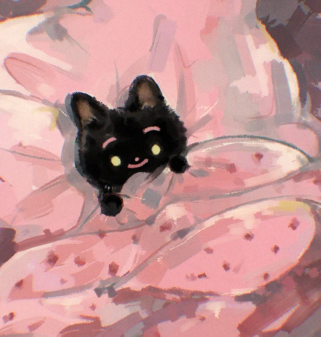 A Mimir Two Mimir — Illustration of a black cat smiling in bed on pink sheets