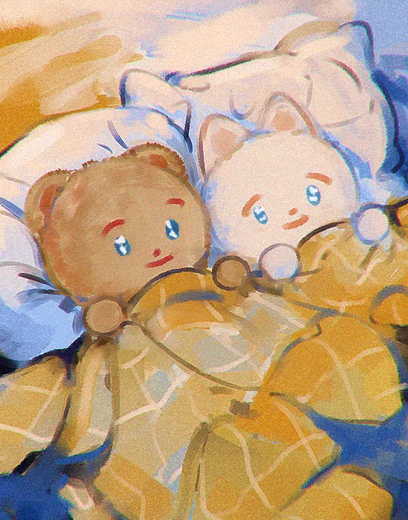 A Mimir Two Mimir — Illustration of a bear and cat plushie sleeping together under a yellow blanket
