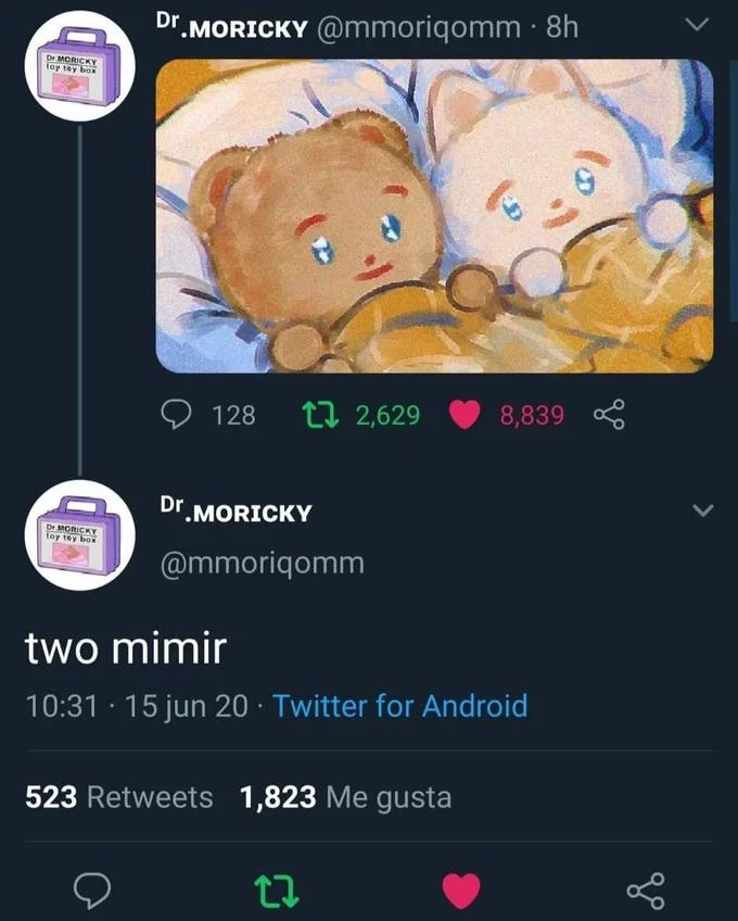 A Mimir Two Mimir — Twitter screenshot of the 'two mimir' bear and cat plushie post