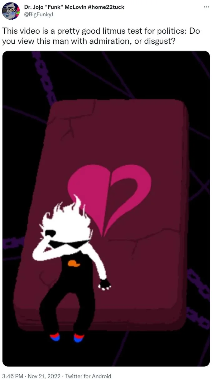 A Pretty Good Litmus Test For Politics — Tweet with meme caption over a screenshot of Spamton from Deltarune.