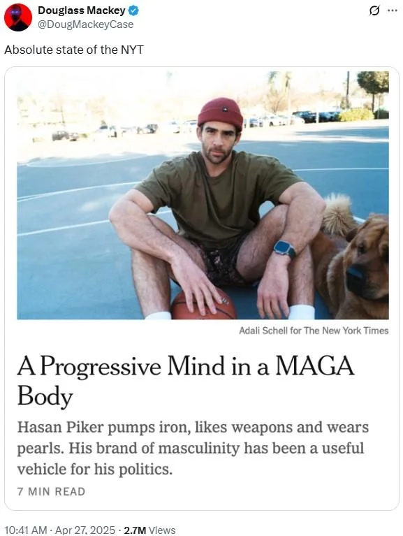 A Progressive Mind In A Maga Body — Twitter post by Douglass Mackey sharing the article with caption 'Absolute state of the NYT', highlighting widespread