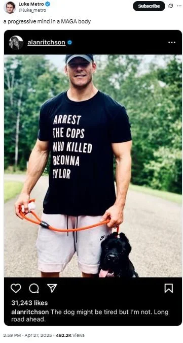 A Progressive Mind In A Maga Body — Social media post applying the meme phrase to fitness influencer Alan Ritchson, combining physical fitness with left-wing