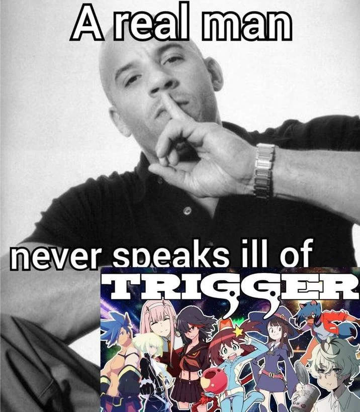 A Real Man Never Speaks Ill Of X — Meme with Vin Diesel shushing over the Studio Trigger anime lineup