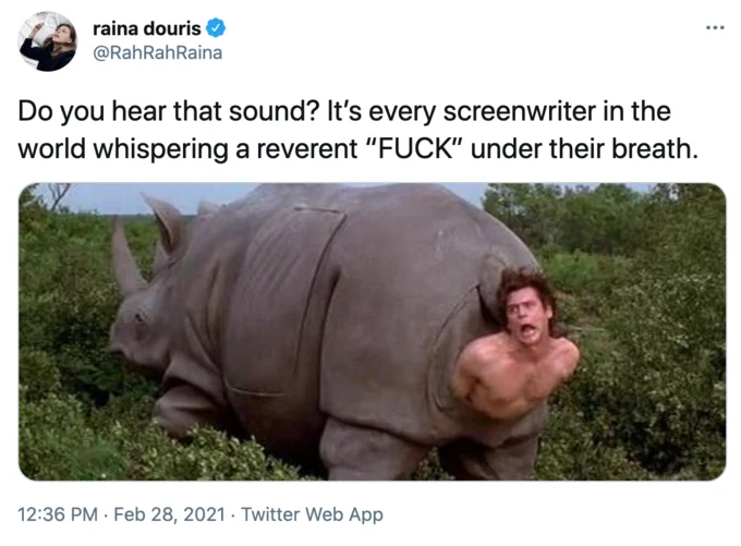 A Reverent Fuck — Tweet with reverent FUCK format over Ace Ventura rhino birth scene