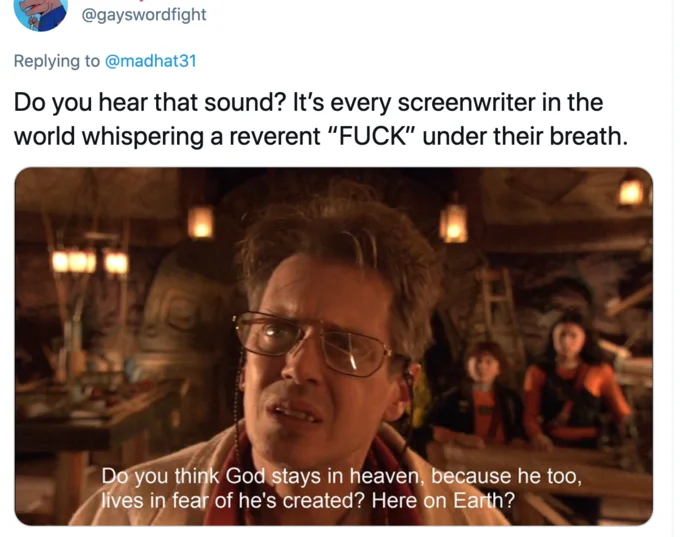 A Reverent Fuck — Tweet with reverent FUCK format over Jurassic Park III garbled dialogue scene