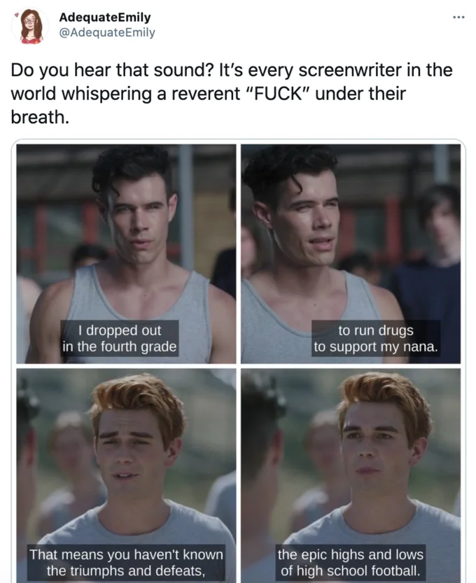 A Reverent Fuck — Tweet with reverent FUCK format over Riverdale four-panel epic highs and lows scene