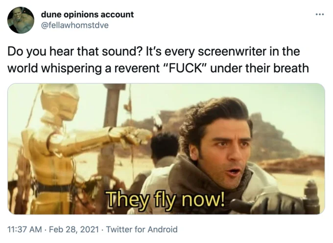 A Reverent Fuck — Tweet with reverent FUCK format over Rise of Skywalker They fly now scene